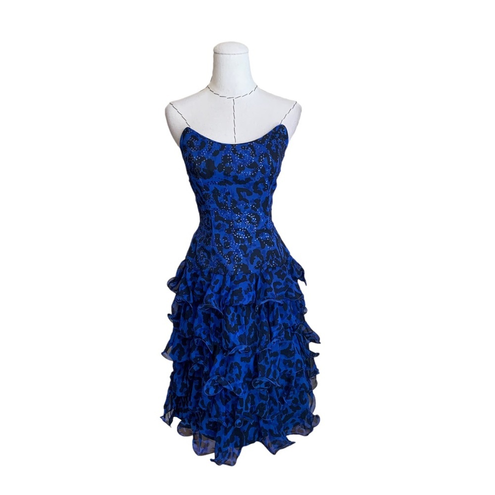 Vintage 80s A. J. Bari Strapless Blue Leopard Dress Ruffles Glitter